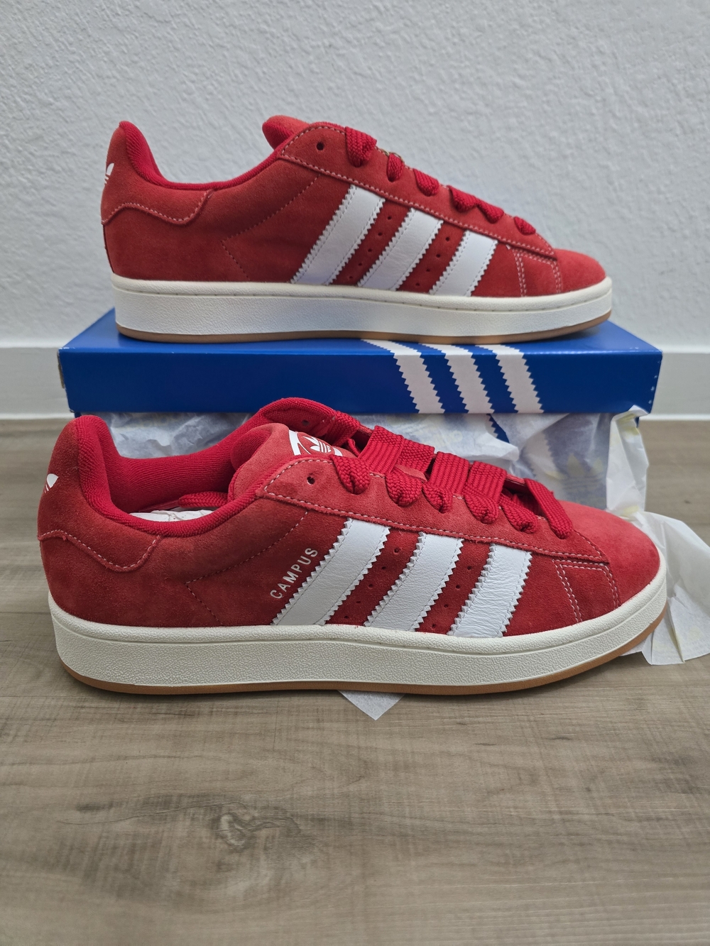 Adidas Campus Red Suede Sneakers with White Stripes